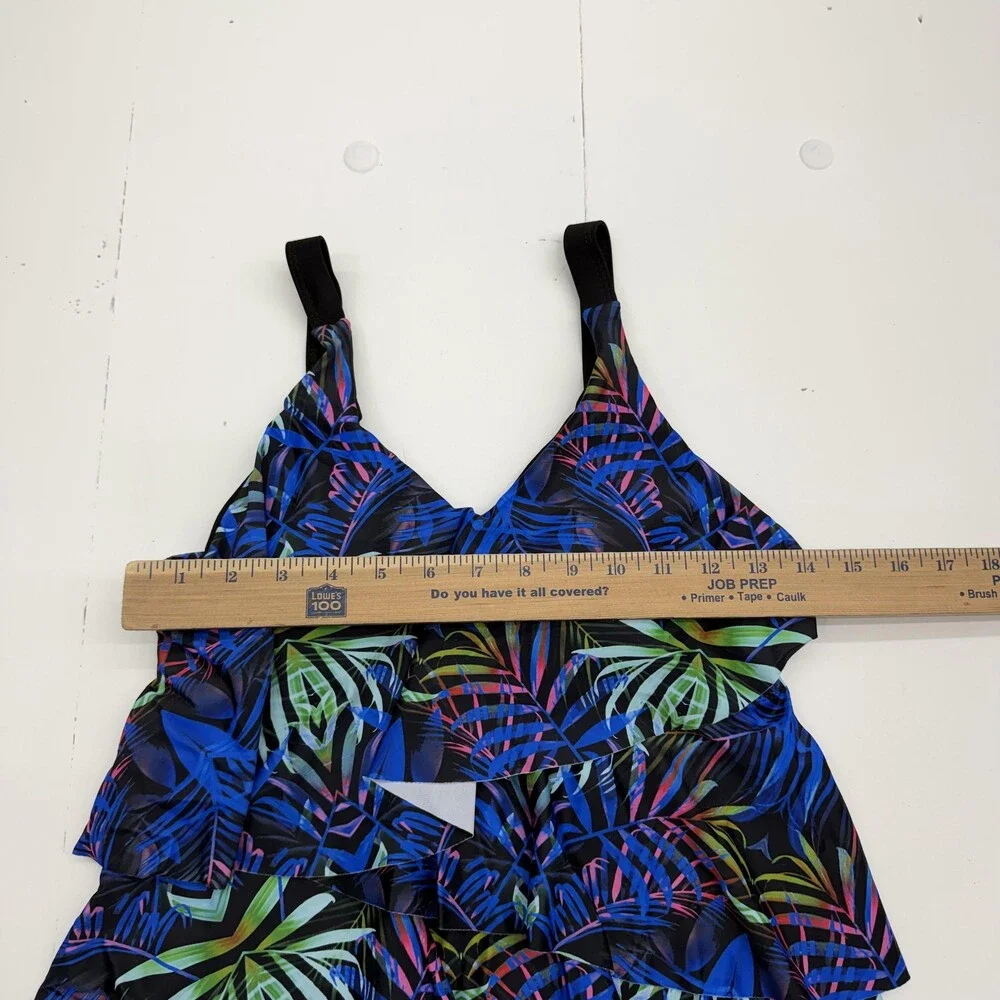 Blue Tropical Tankini Swimsuit Set Womens M Ruffle Swim Shorts 2 Piece Lined
